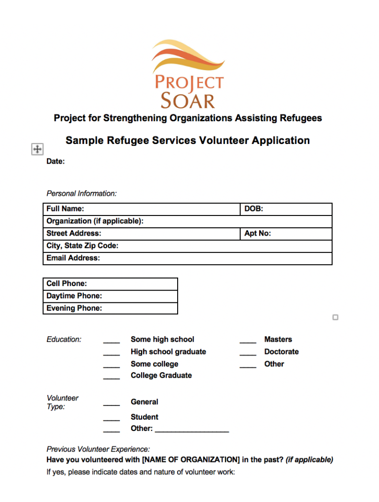 Sample Refugee Services Volunteer Application