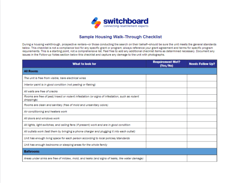 Sample Housing Walk-Through Checklist