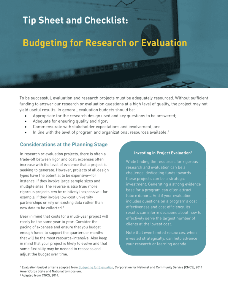 Budgeting for Research and Evaluation Tipsheet & Checklist