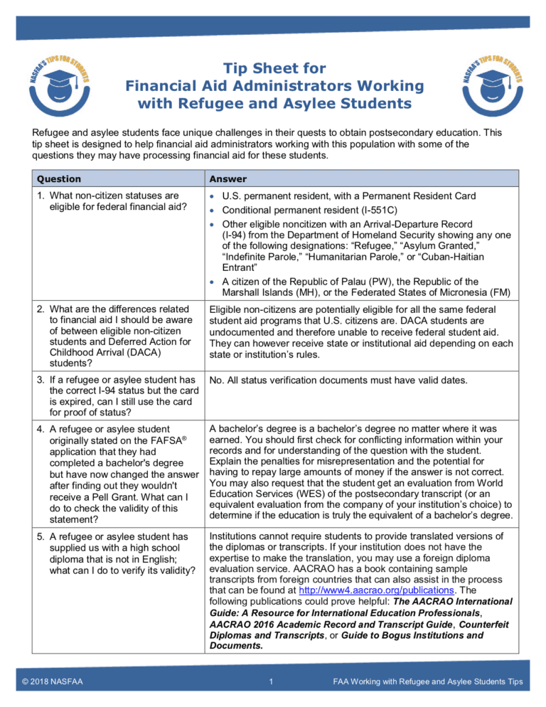 Tip Sheet for Financial Aid Administrators Working with Refugee and Asylee Students