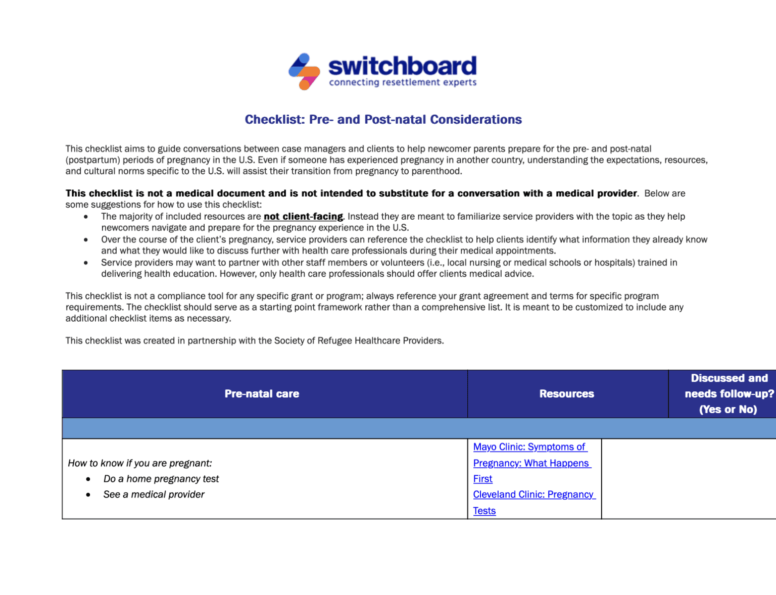 Pregnancy Checklist: Pre/Postnatal Care Considerations - Switchboard