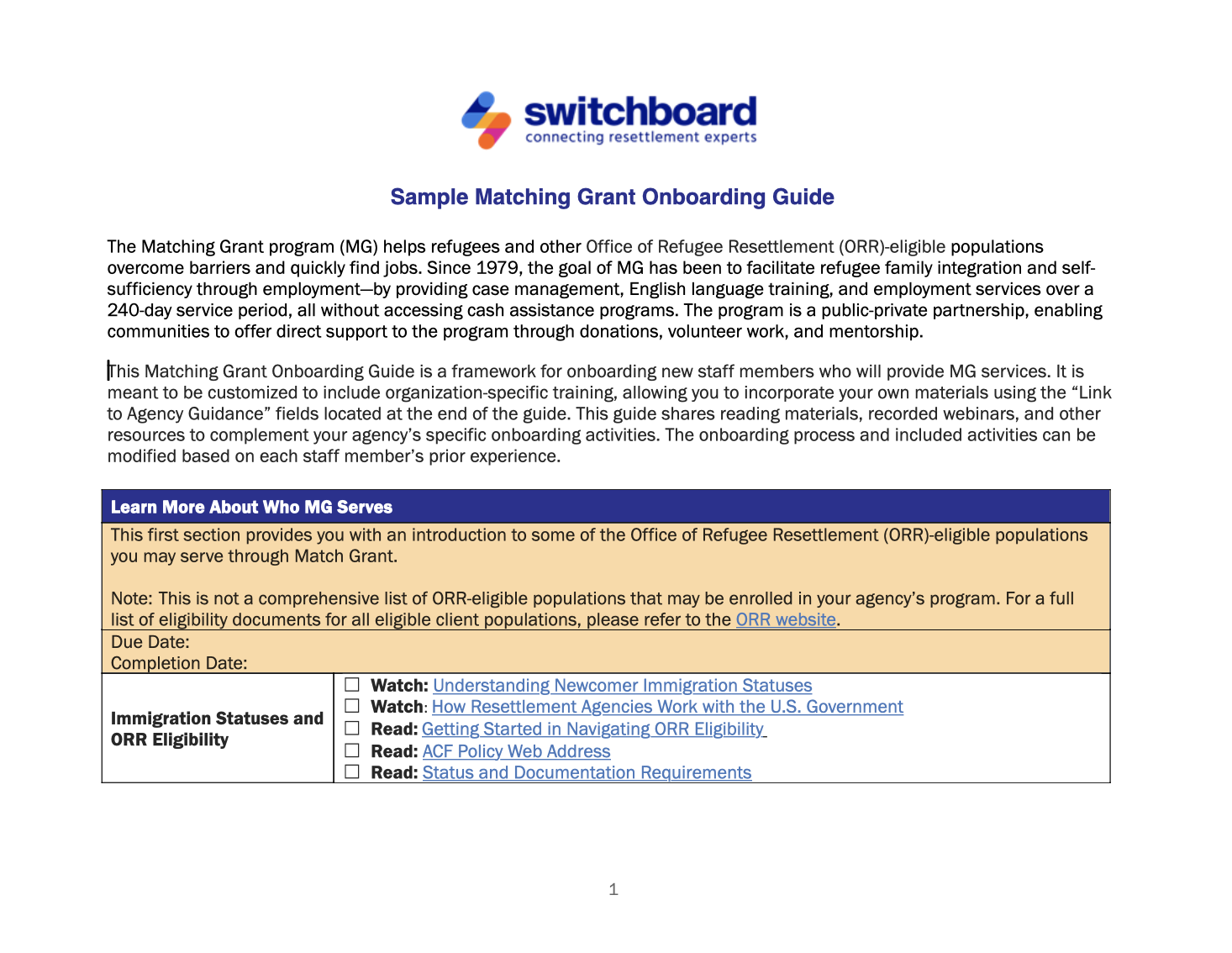 Sample Matching Grant Onboarding Guide - Switchboard