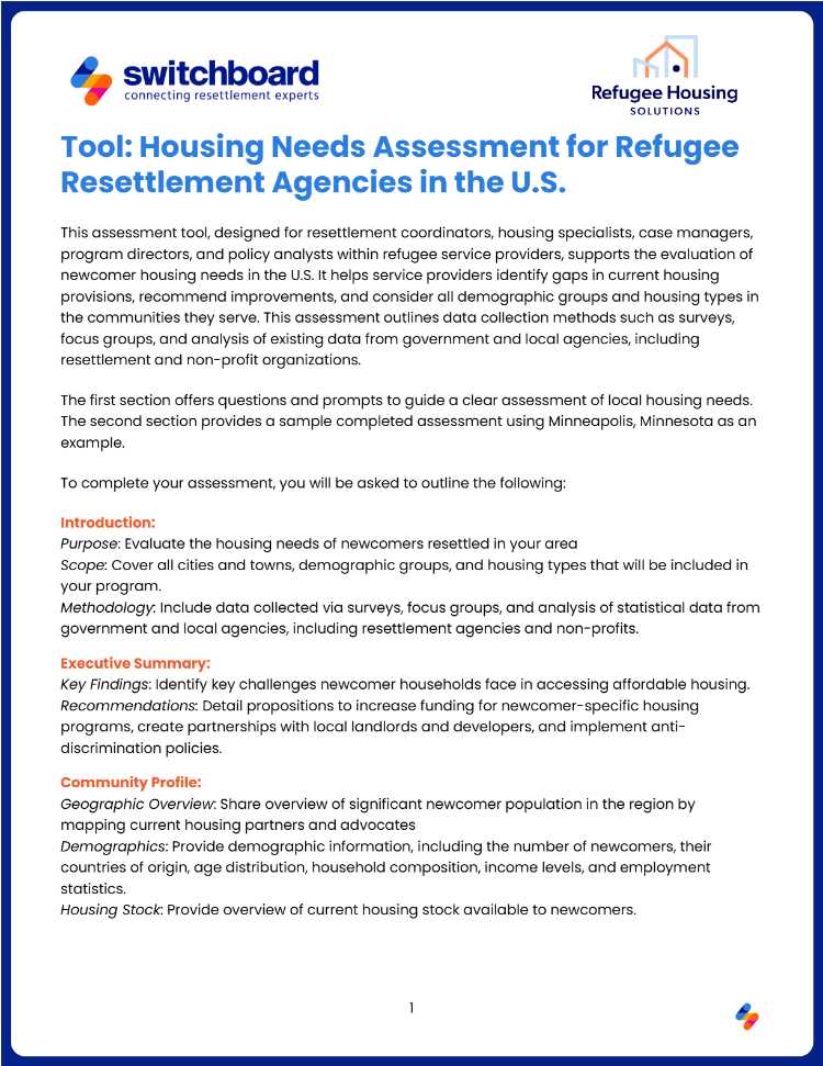 Housing Needs Assessment Guide for Refugee Resettlement Agencies in the U.S.
