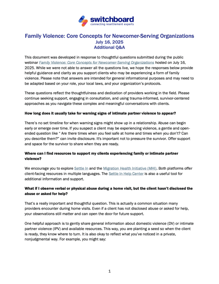 Family Violence: Core Concepts for Newcomer-Serving Organizations
