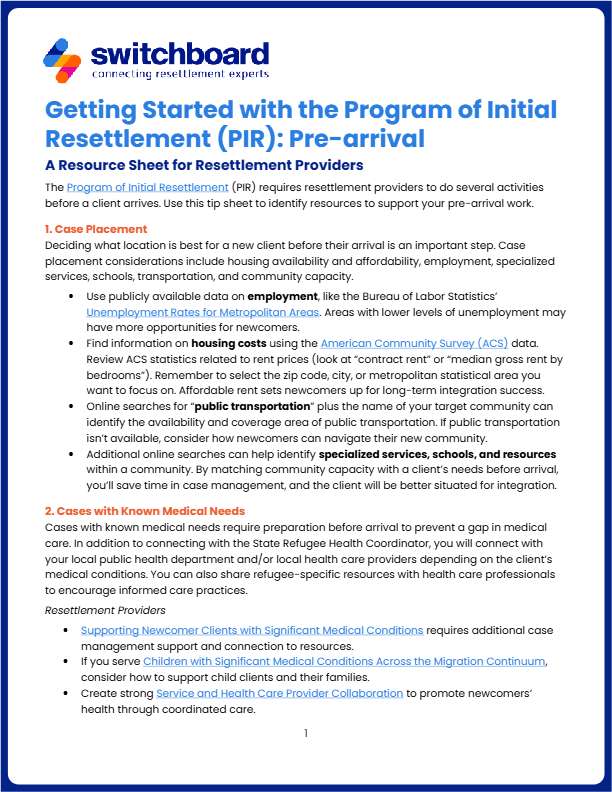 Getting Started with the Program of Initial Resettlement (PIR): Pre-arrival