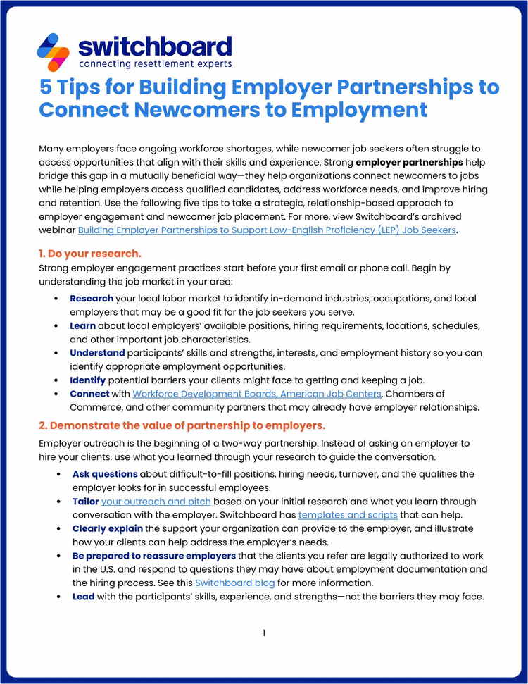 5 Tips for Building Employer Partnerships to Connect Newcomers to Employment