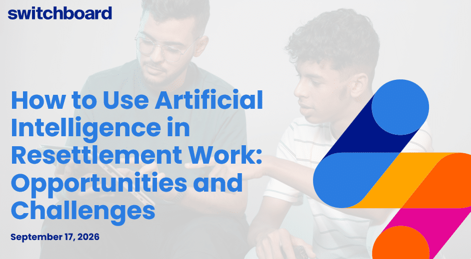 Title of webinar and a faded photo of people engaged in AI work.