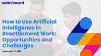 Title of webinar and a faded photo of people engaged in AI work.